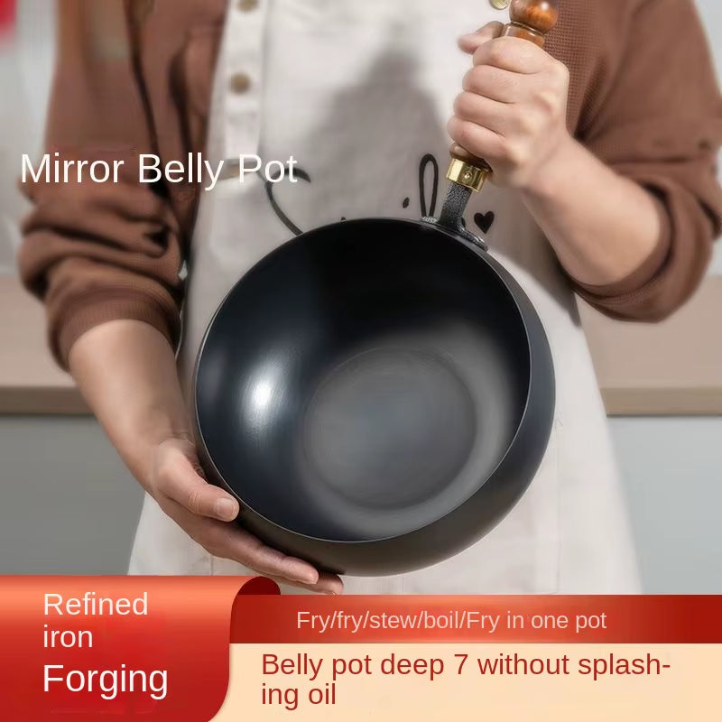 Ceramic Iron Pot Zhangqiu Large Belly Pot0Coated Traditional Handmade Iron Wok Home Cooking Pot Non-Stick Pan