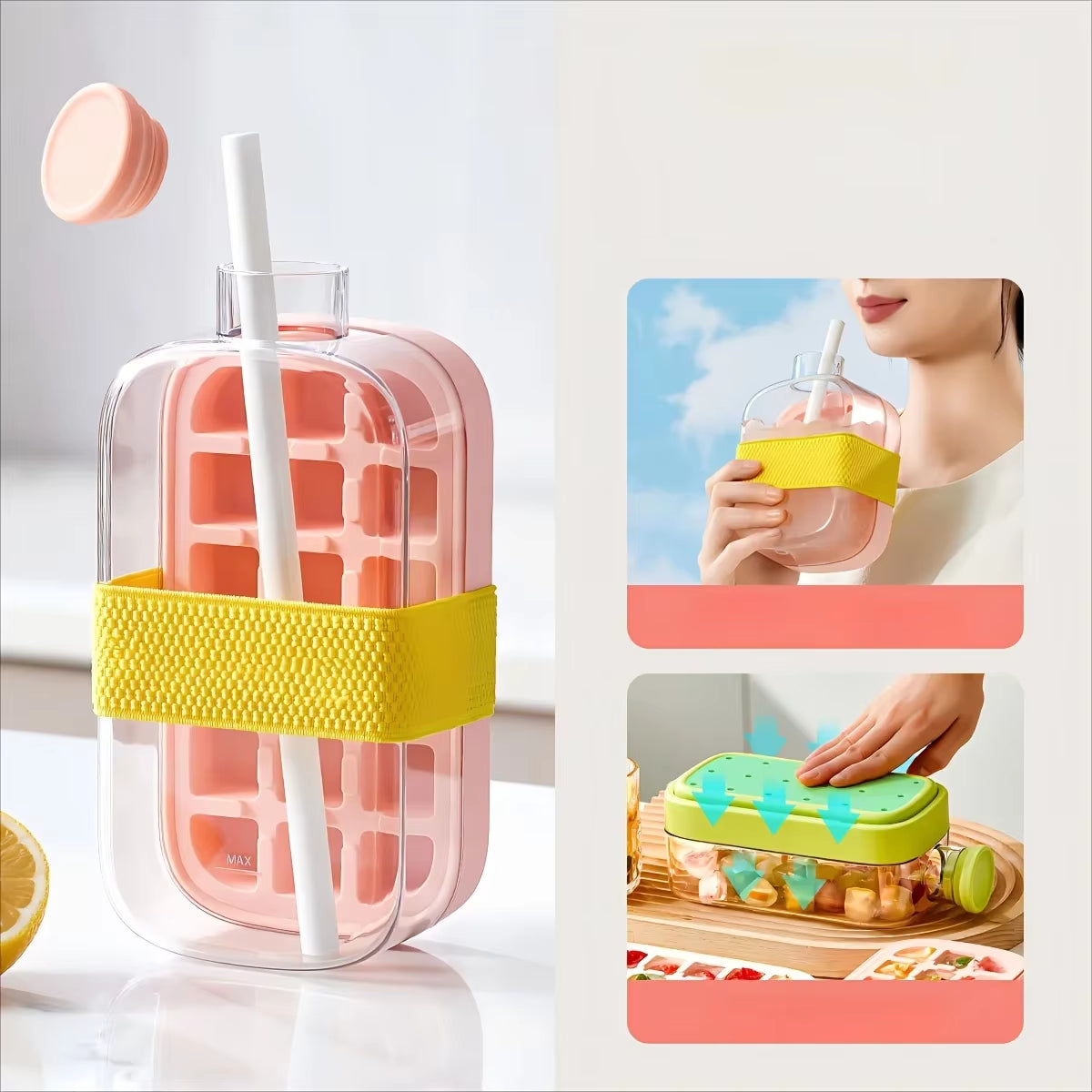 Ice Cube Mold Tray Press Ice Bottle Cup Kettle with Straw Whiskey Ice Cream Water Bottle Ice Cube Maker Easy Press to Release