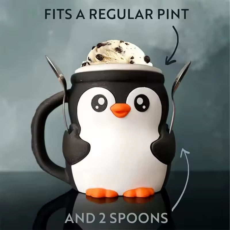 2025 New Cute Penguin Ice Cream Pint Holder, 3D Printing Pebbles the Penguin Ice Cream Pint Containers with Antifreeze Handle