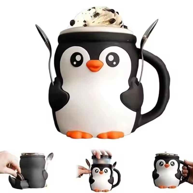 2025 New Cute Penguin Ice Cream Pint Holder, 3D Printing Pebbles the Penguin Ice Cream Pint Containers with Antifreeze Handle