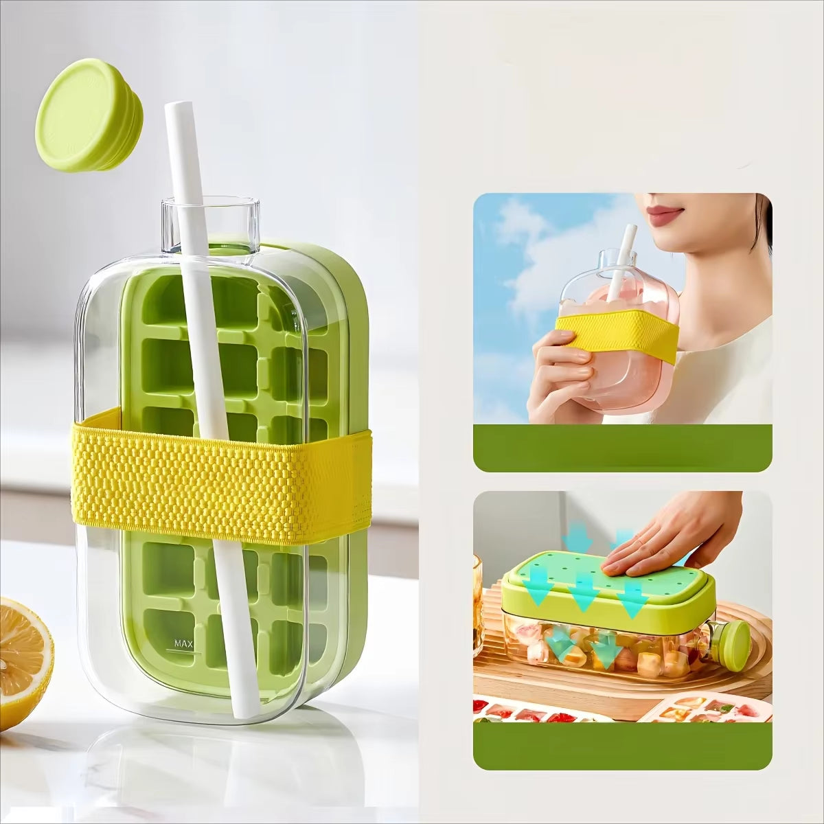 Ice Cube Mold Tray Press Ice Bottle Cup Kettle with Straw Whiskey Ice Cream Water Bottle Ice Cube Maker Easy Press to Release