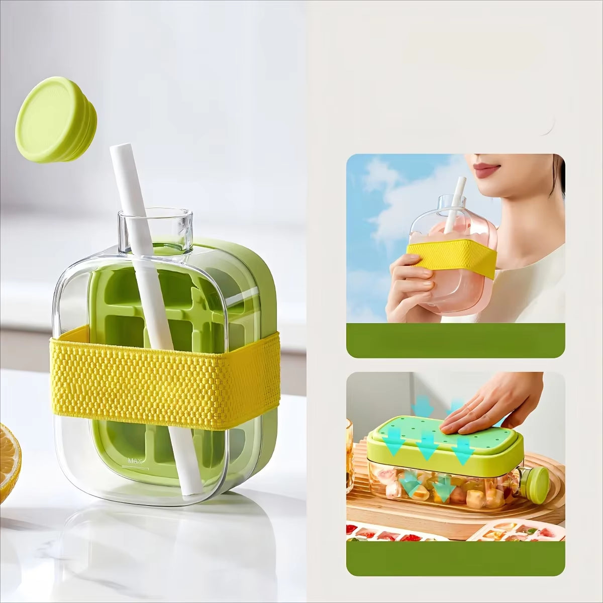 Ice Cube Mold Tray Press Ice Bottle Cup Kettle with Straw Whiskey Ice Cream Water Bottle Ice Cube Maker Easy Press to Release