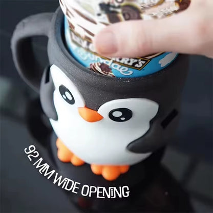 2025 New Cute Penguin Ice Cream Pint Holder, 3D Printing Pebbles the Penguin Ice Cream Pint Containers with Antifreeze Handle