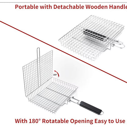 Grill Basket Stainless Steel Folding Grilling Baskets Outdoor Camping BBQ Rack Vegetable Steak Tool for Picnic Party Barbecue